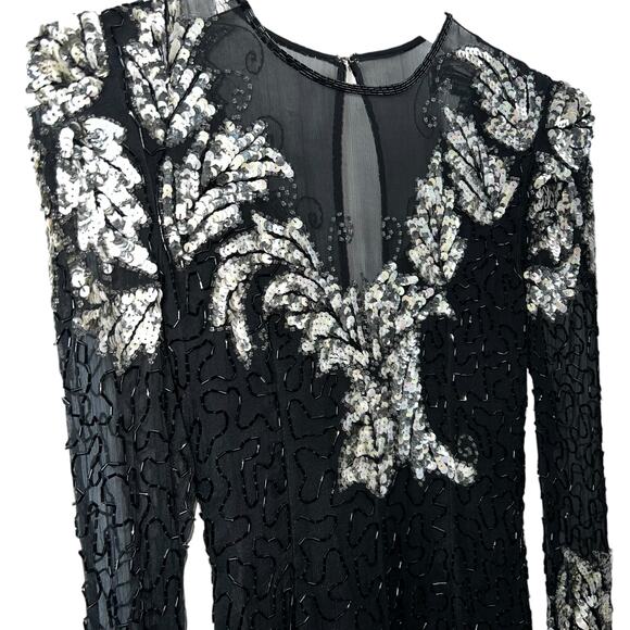 Vintage Scala silk black white beaded sequin short formal cocktail dress size PP - Picture 2 of 11